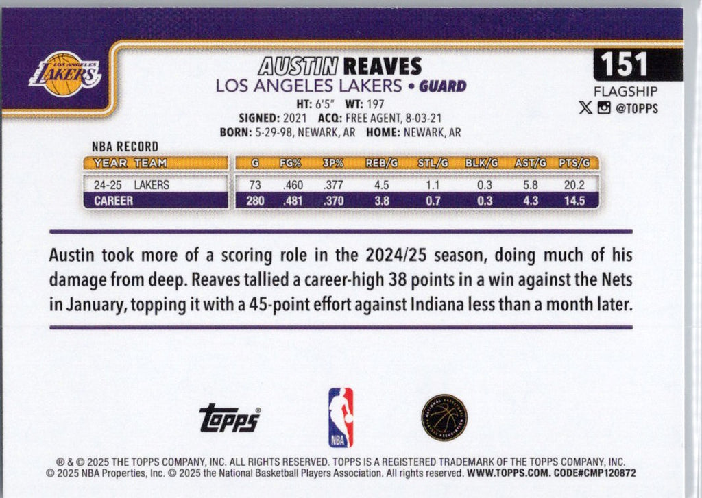2025-26 Topps #151 Austin Reaves Los Angeles Lakers
