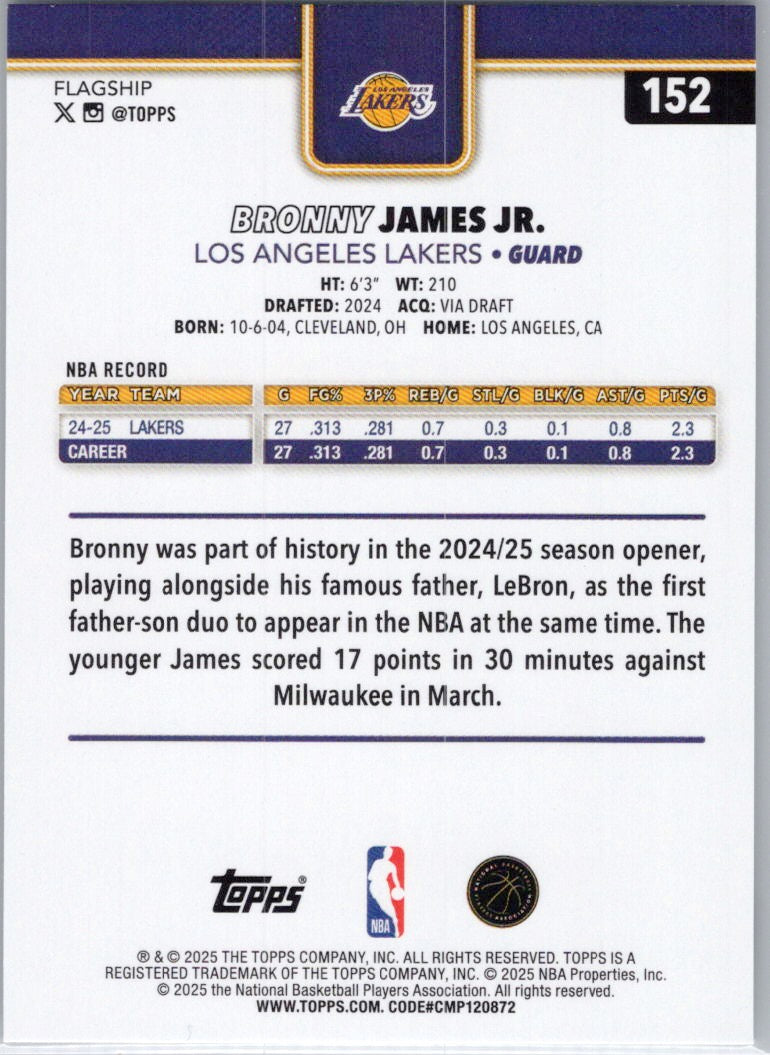 2025-26 Topps #152 Bronny James Jr. Los Angeles Lakers