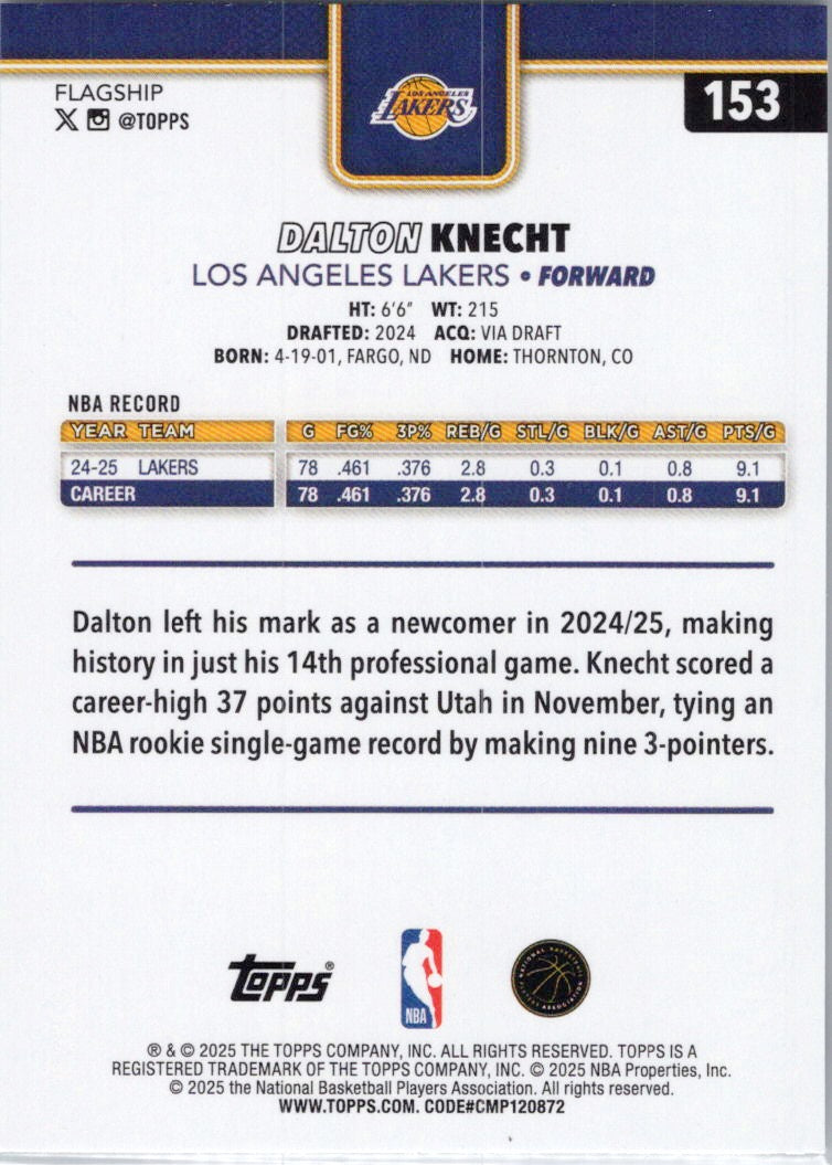 2025-26 Topps #153 Dalton Knecht Los Angeles Lakers