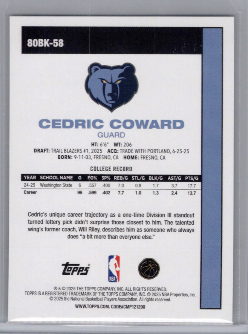 2025-26 Topps #80BK-58 Cedric Coward 1980-81 Topps Gold Holo Foil #/50