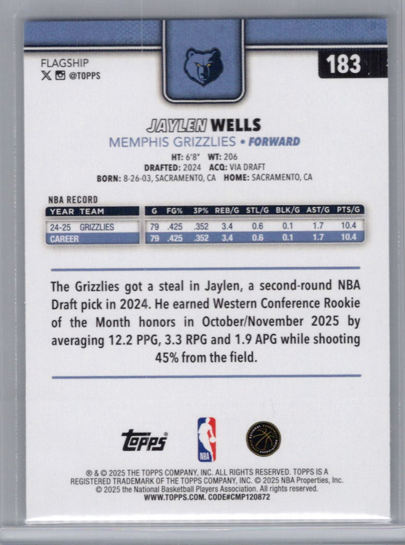2025-26 Topps #183 Jaylen Wells Memphis Grizzlies
