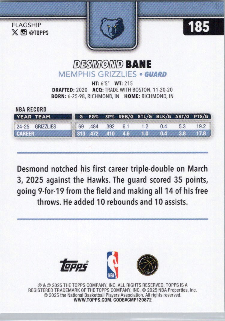 2025-26 Topps #185 Desmond Bane Memphis Grizzlies