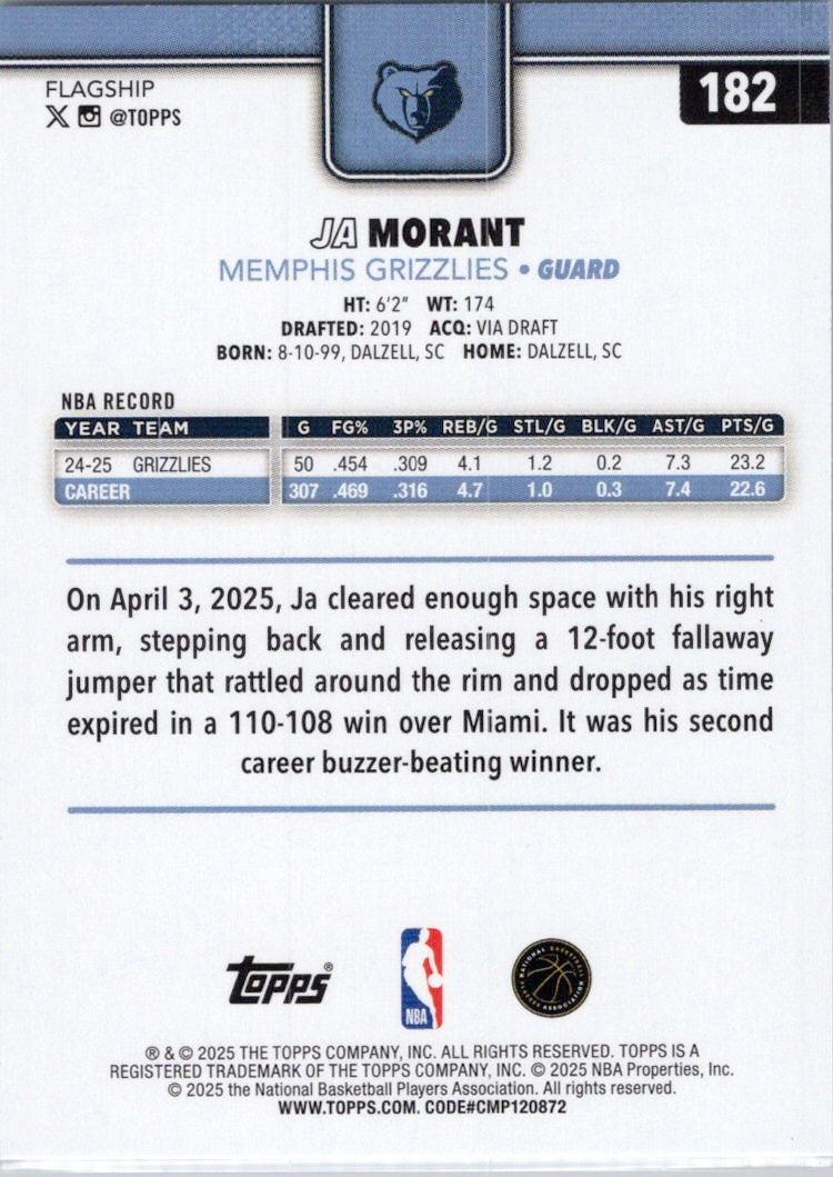 2025-26 Topps #182 Ja Morant Memphis Grizzlies