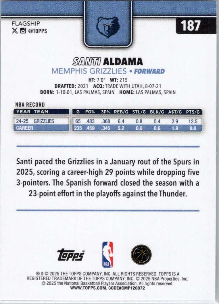 2025-26 Topps #187 Santi Aldama Memphis Grizzlies