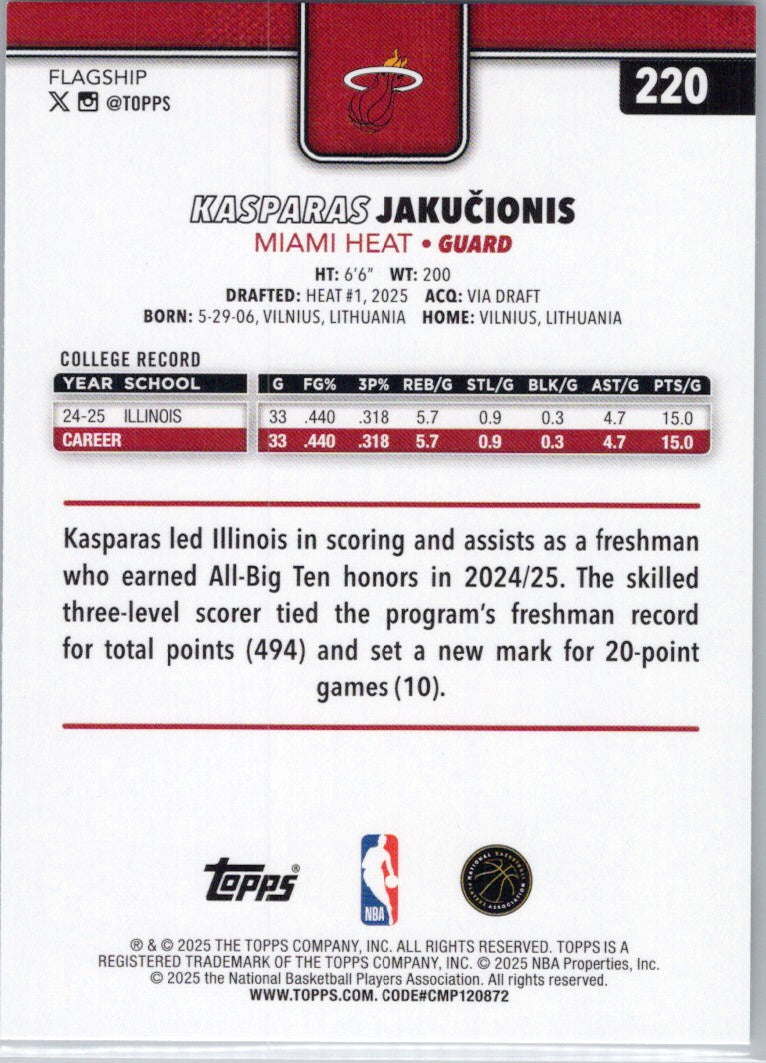 2025-26 Topps #220 Kasparas Jakučionis Miami Heat