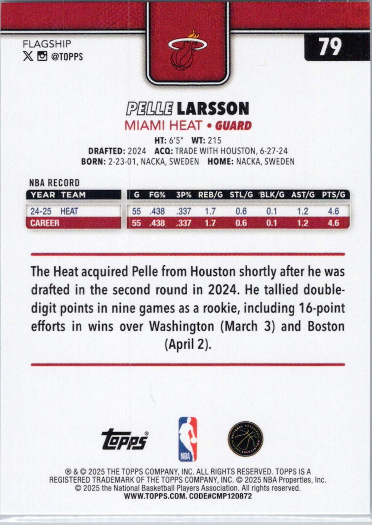 2025-26 Topps #79 Pelle Larsson Miami Heat