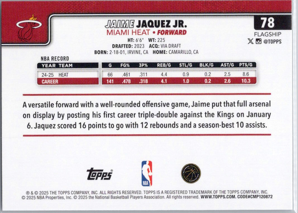 2025-26 Topps #78 Jaime Jaquez Jr. Miami Heat