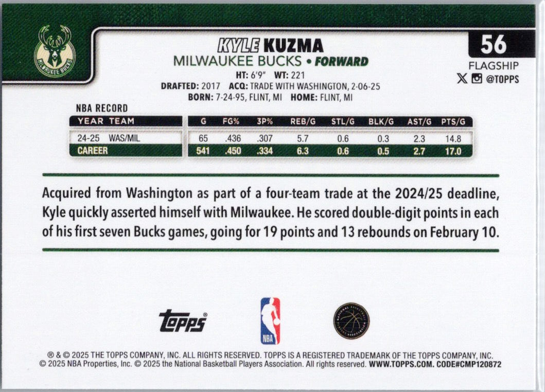 2025-26 Topps #56 Kyle Kuzma Milwaukee Bucks