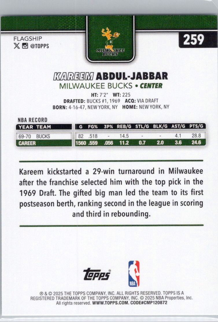 2025-26 Topps #259 Kareem Abdul-Jabbar Milwaukee Bucks