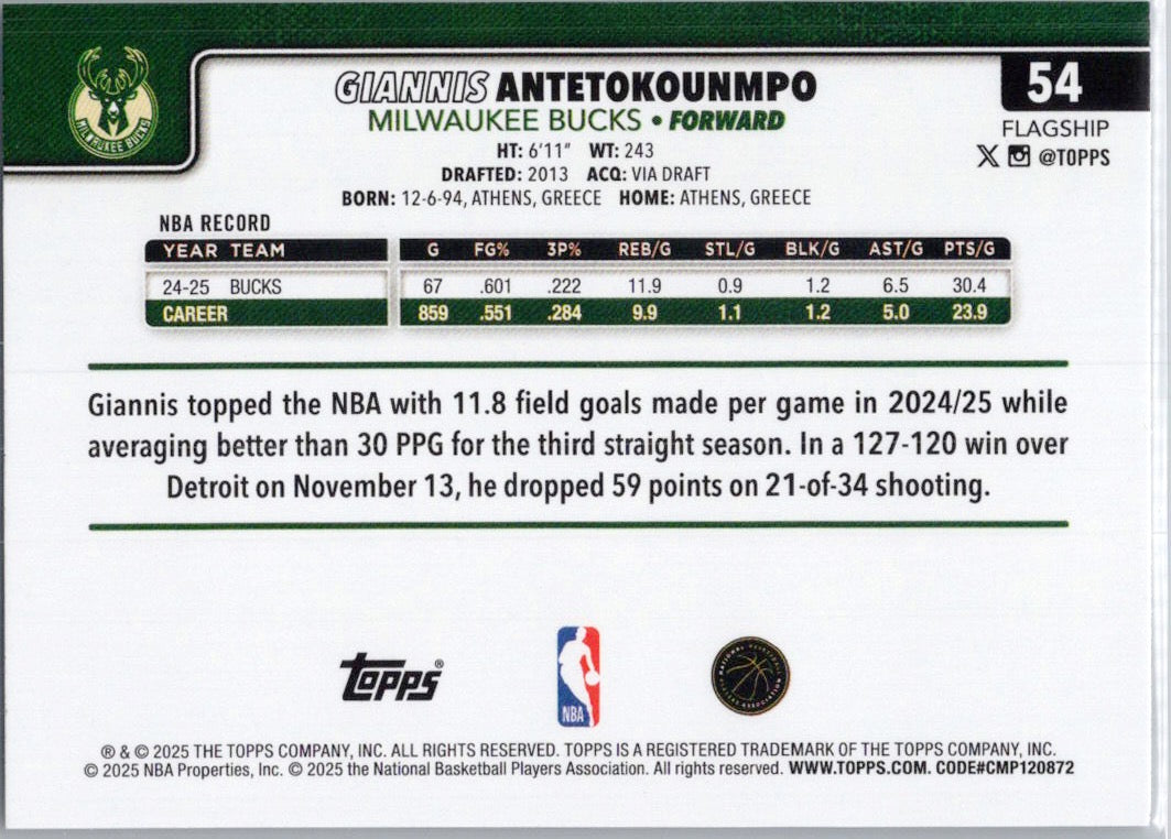 2025-26 Topps #54 Giannis Antetokounmpo Milwaukee Bucks