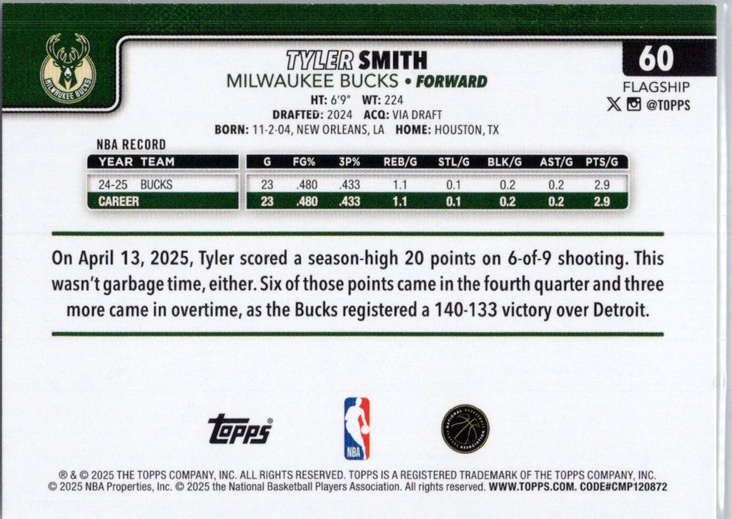 2025-26 Topps #60 Tyler Smith Milwaukee Bucks