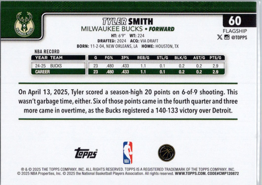 2025-26 Topps #60 Tyler Smith Milwaukee Bucks
