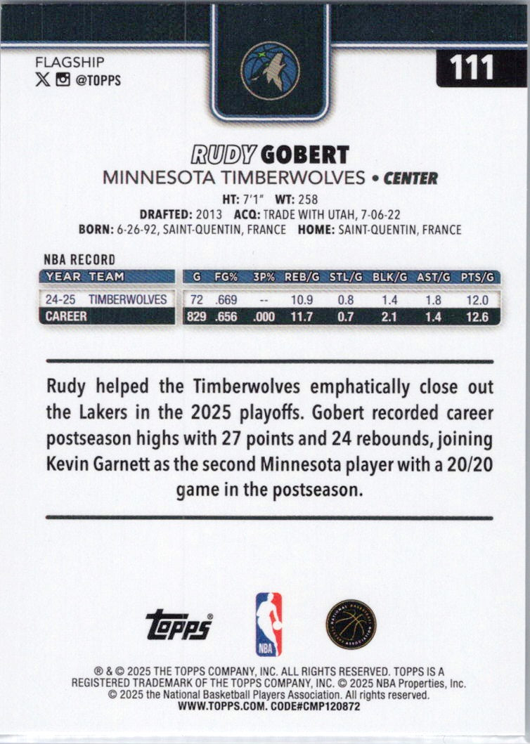 2025-26 Topps #111 Rudy Gobert Minnesota Timberwolves