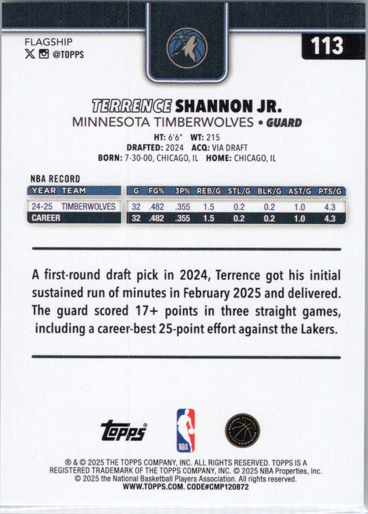2025-26 Topps #113 Terrence Shannon Jr. Minnesota Timberwolves