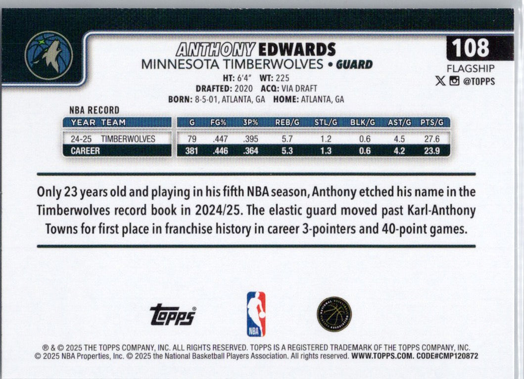 2025-26 Topps #108 Anthony Edwards Minnesota Timberwolves