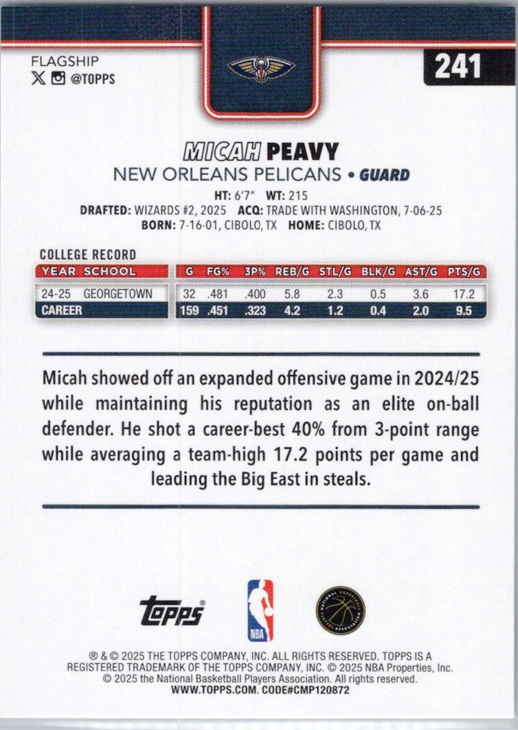 2025-26 Topps #241 Micah Peavy New Orleans Pelicans