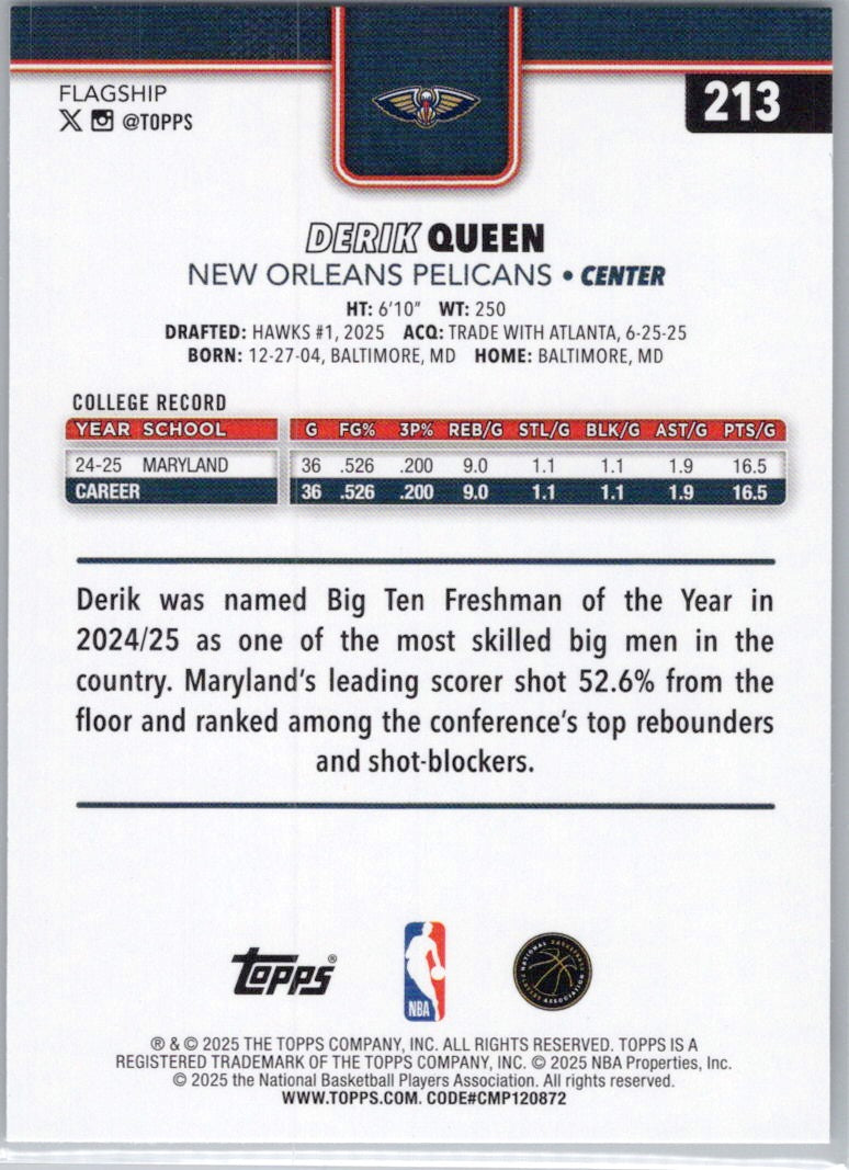 2025-26 Topps #213 Derik Queen New Orleans Pelicans