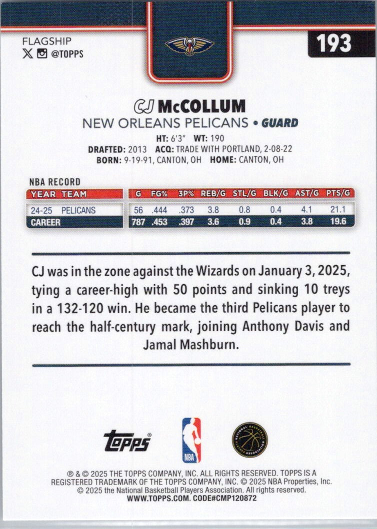 2025-26 Topps #193 CJ McCollum New Orleans Pelicans