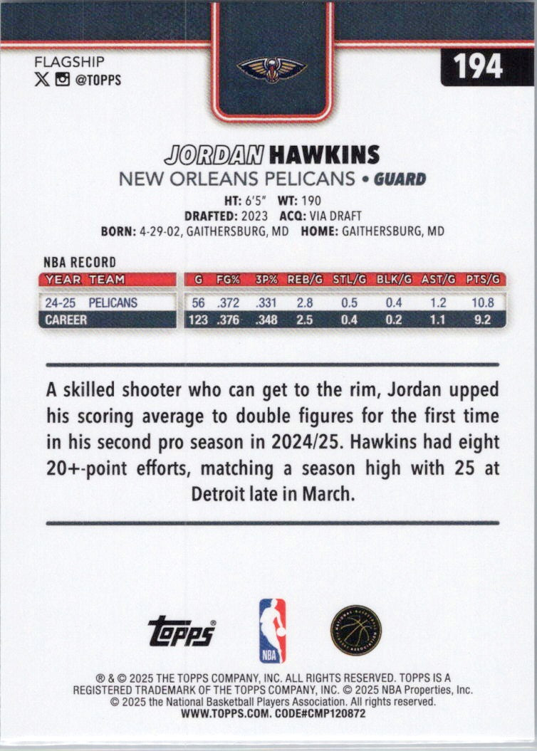 2025-26 Topps #194 Jordan Hawkins New Orleans Pelicans