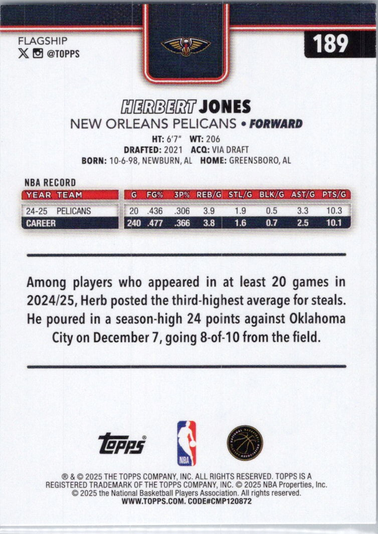 2025-26 Topps #189 Herbert Jones New Orleans Pelicans