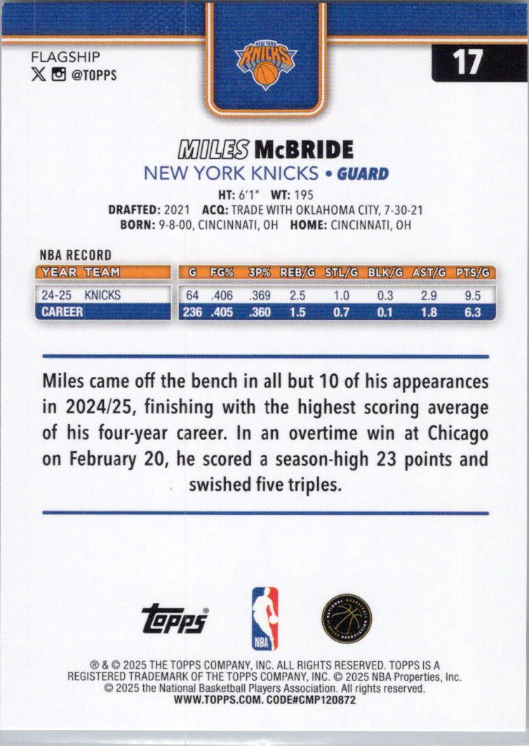 2025-26 Topps #17 Miles McBride New York Knicks