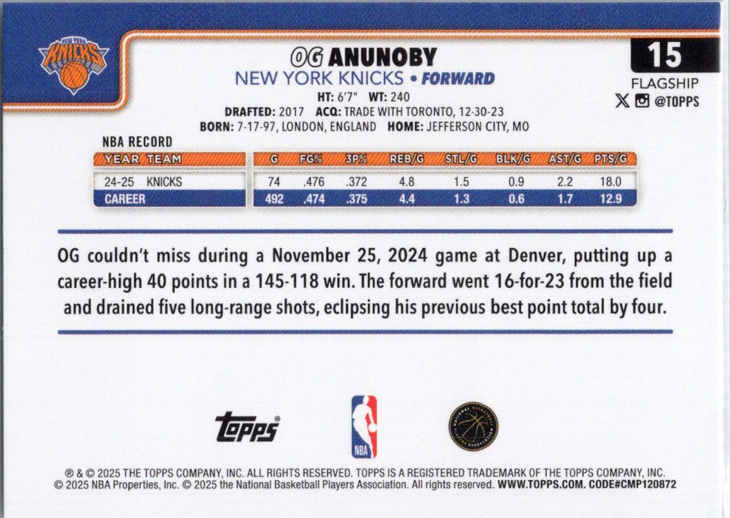 2025-26 Topps #15 OG Anunoby New York Knicks
