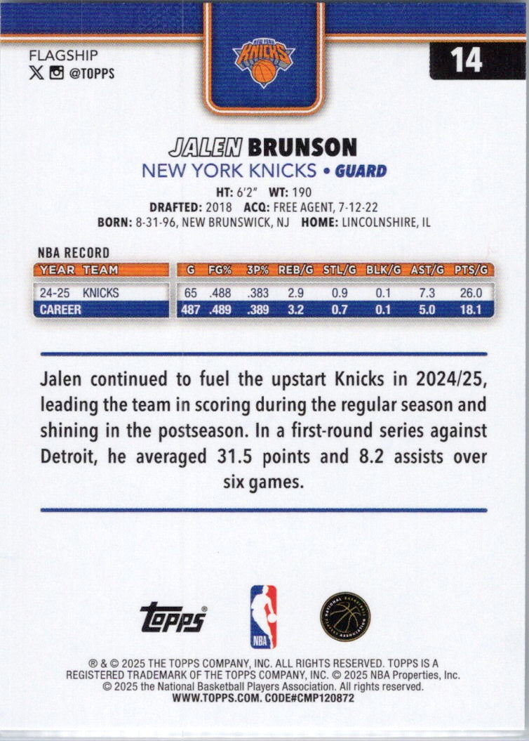 2025-26 Topps #14 Jalen Brunson New York Knicks