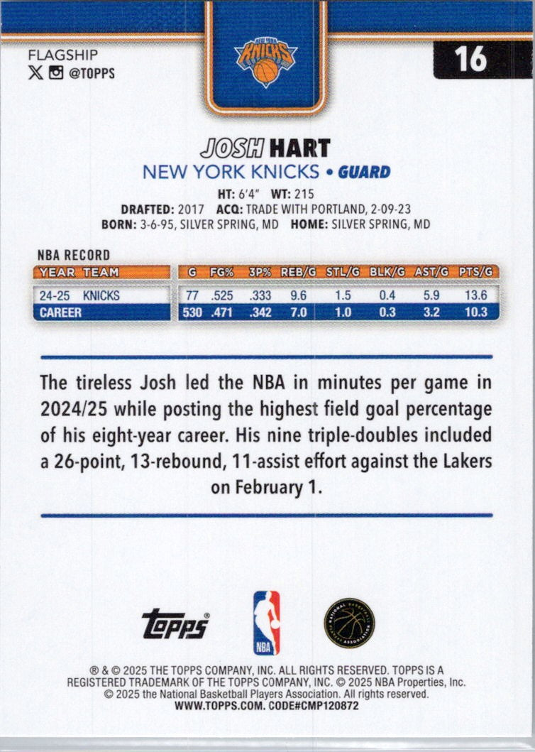 2025-26 Topps #16 Josh Hart New York Knicks