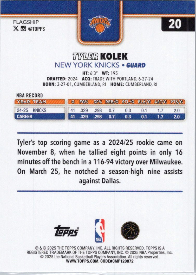 2025-26 Topps #20 Tyler Kolek New York Knicks