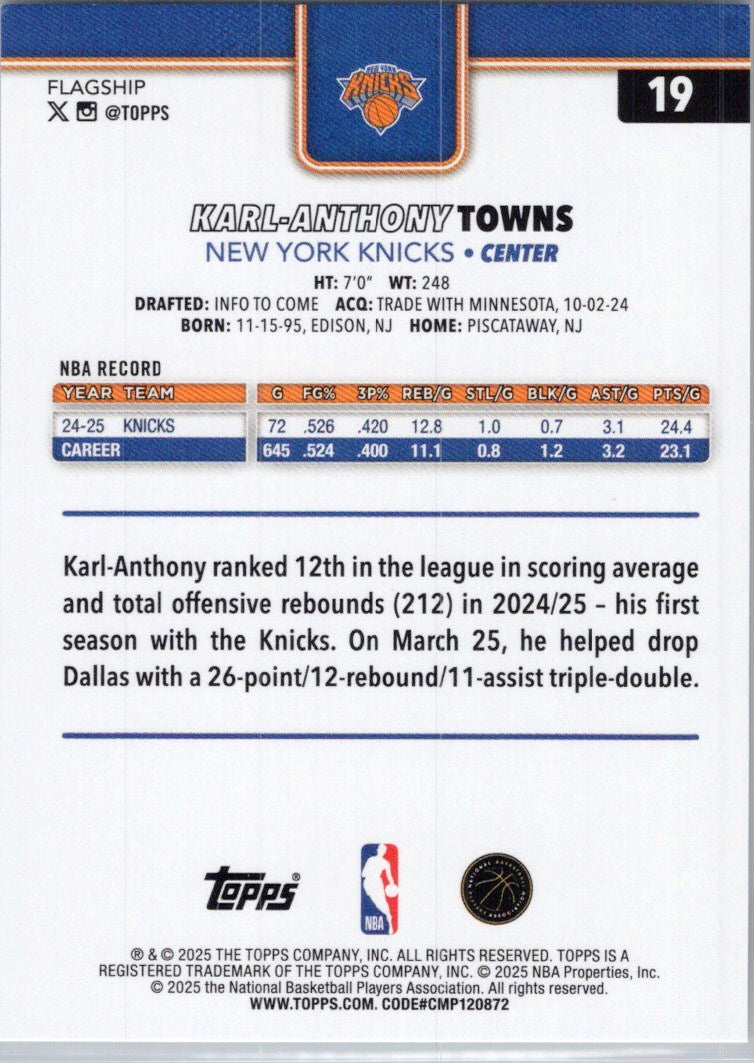 2025-26 Topps #19 Karl-Anthony Towns New York Knicks