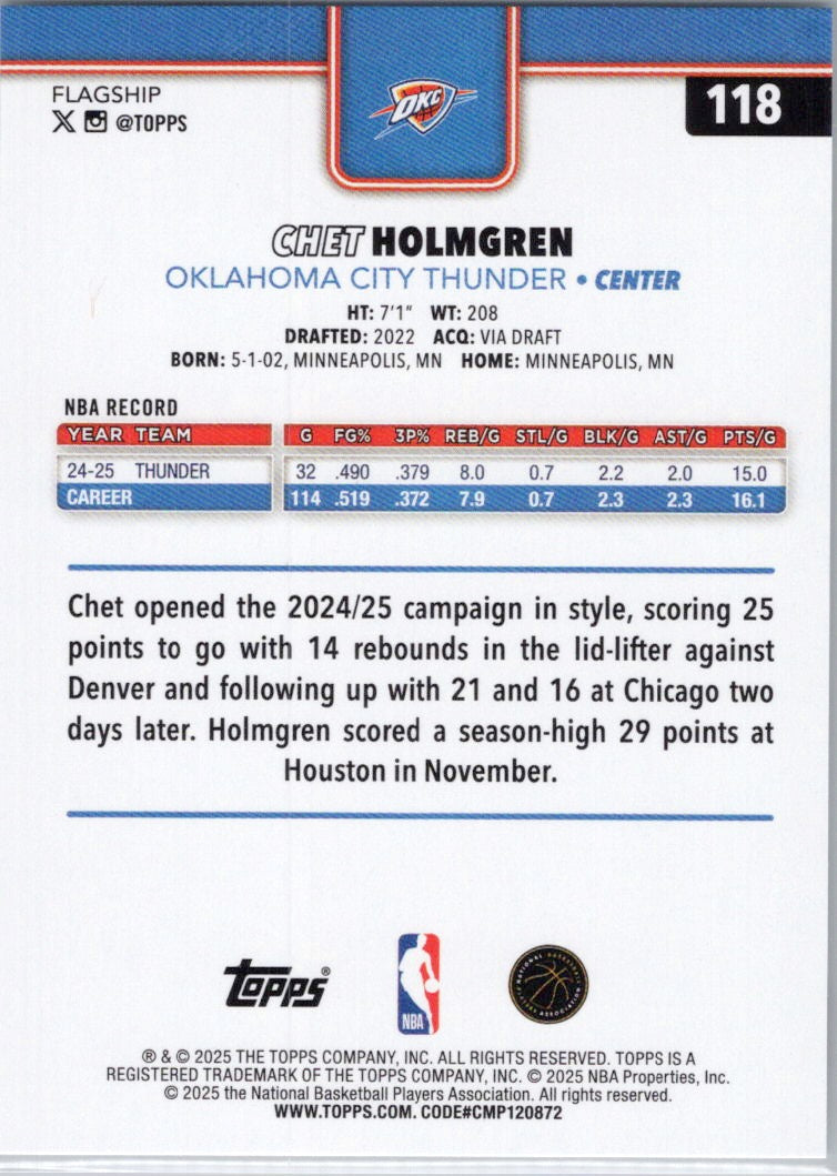 2025-26 Topps #118 Chet Holmgren Oklahoma City Thunder