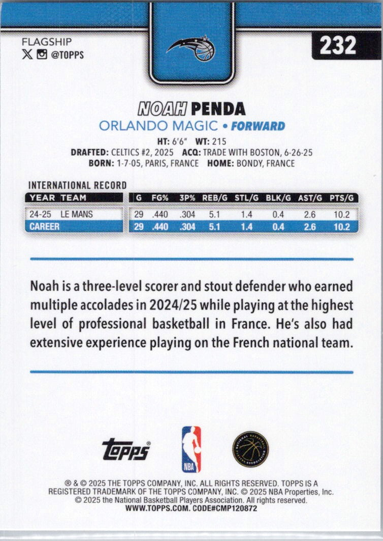 2025-26 Topps #232 Noah Penda Orlando Magic