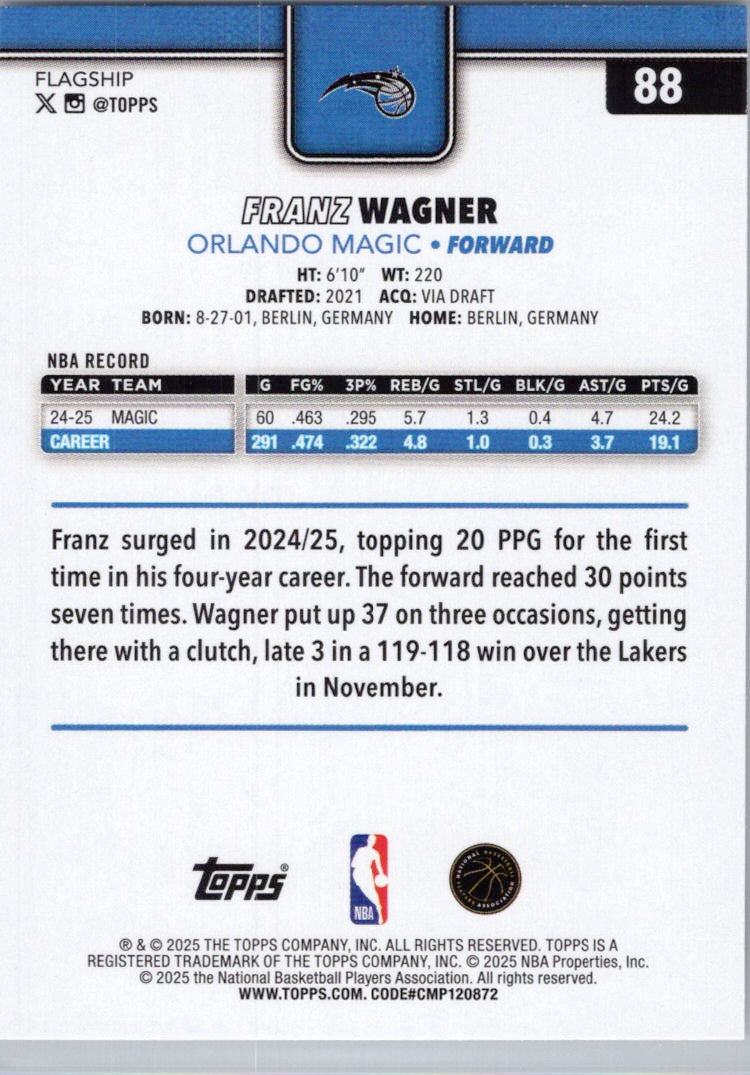 2025-26 Topps #88 Franz Wagner Orlando Magic