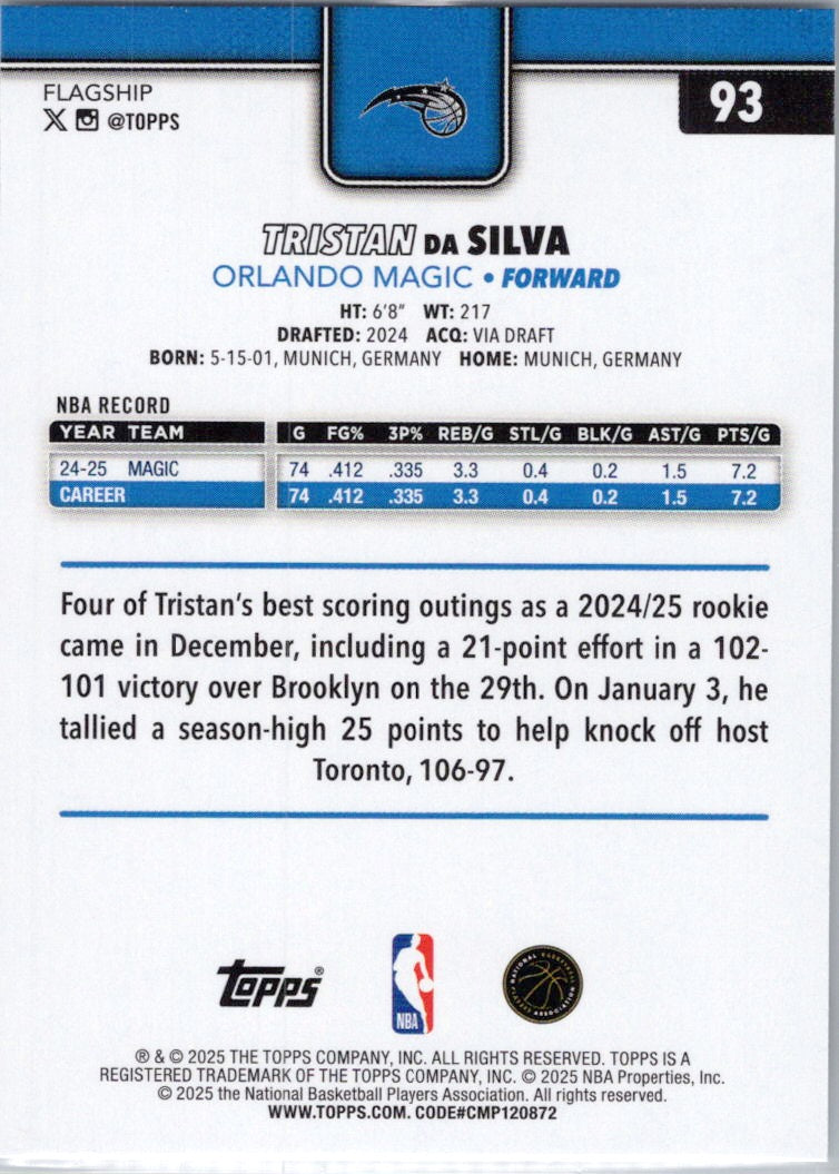 2025-26 Topps #93 Tristan da Silva Orlando Magic