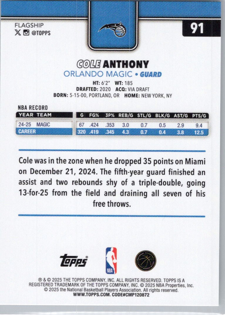 2025-26 Topps #91 Cole Anthony Orlando Magic