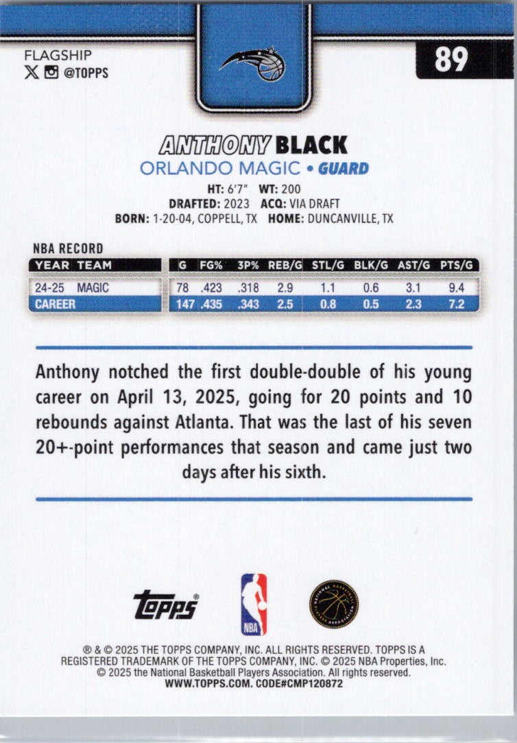 2025-26 Topps #89 Anthony Black Orlando Magic