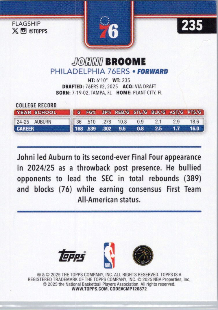 2025-26 Topps #235 Johni Broome Philadelphia 76ers