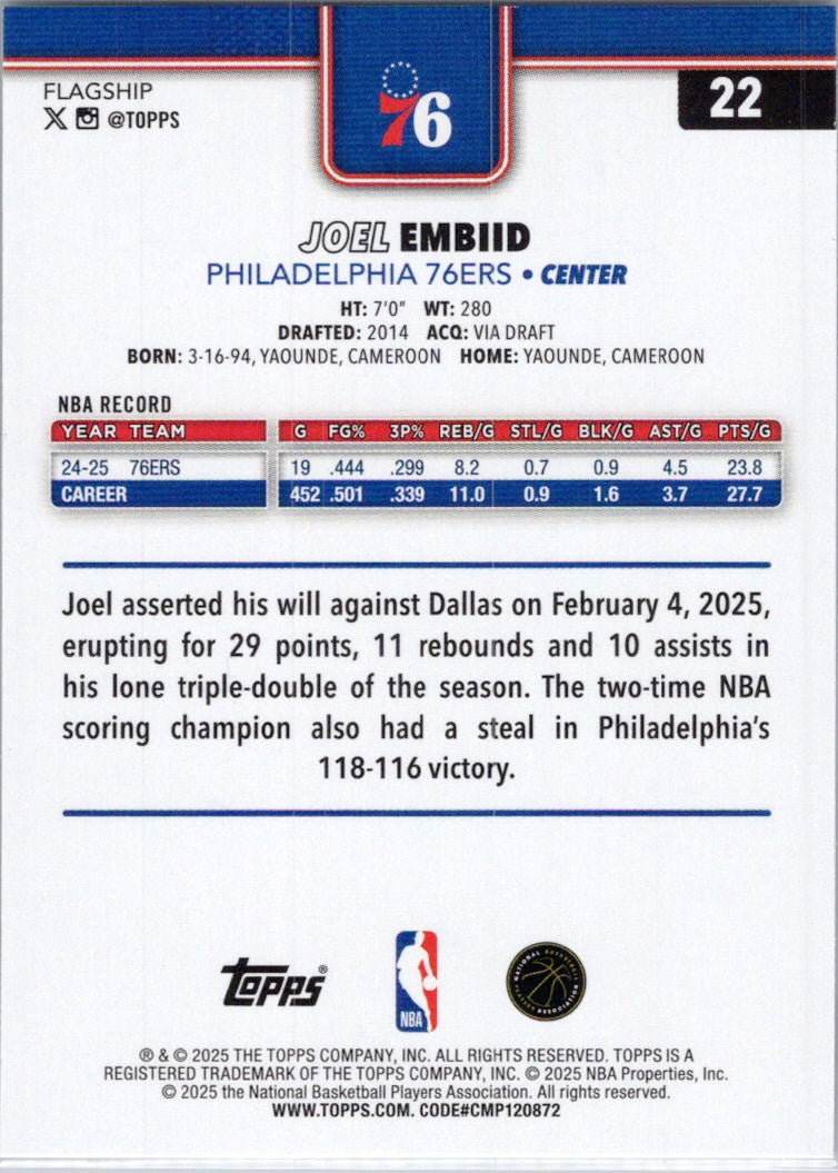 2025-26 Topps #22 Joel Embiid Philadelphia 76ers