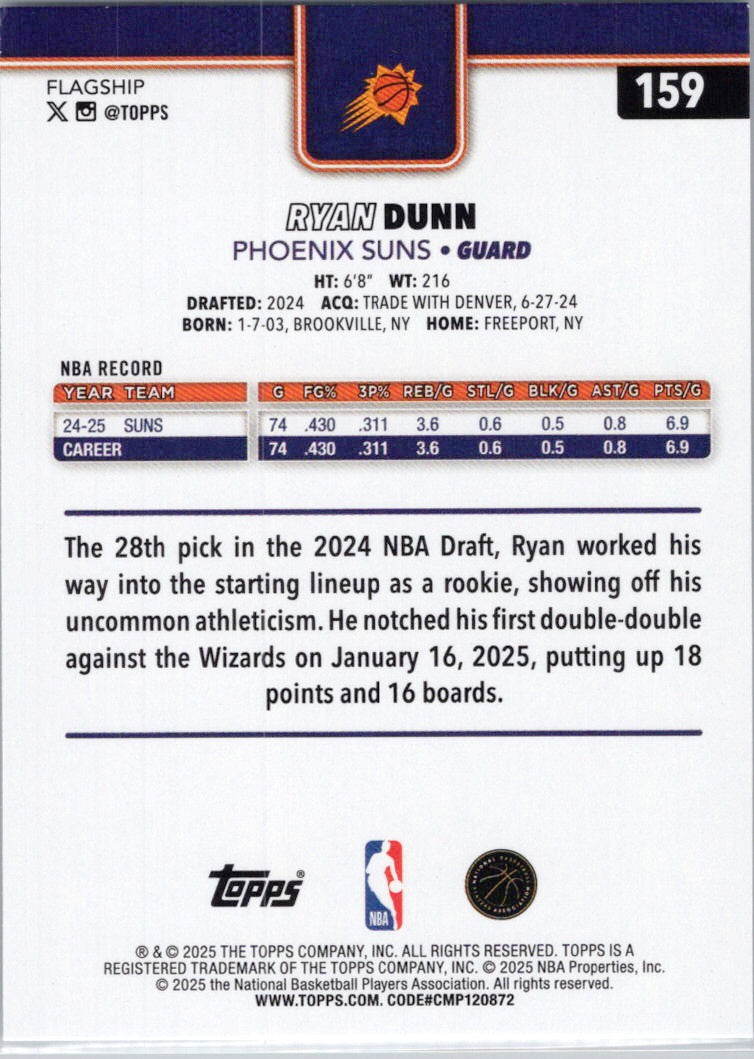 2025-26 Topps #159 Ryan Dunn Phoenix Suns