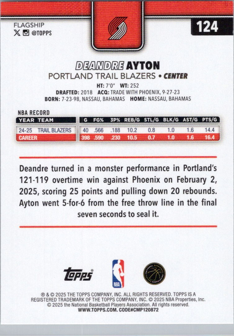 2025-26 Topps #124 Deandre Ayton Portland Trail Blazers