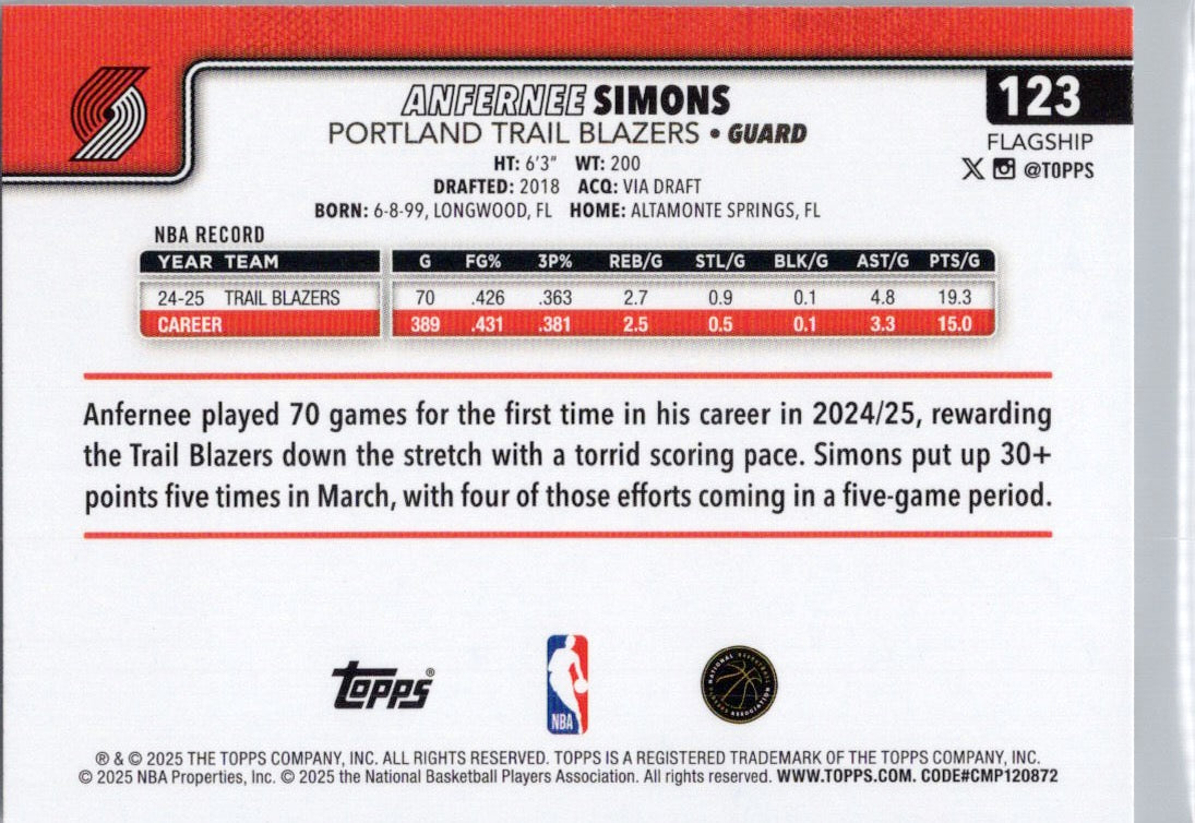 2025-26 Topps #123 Anfernee Simons Portland Trail Blazers