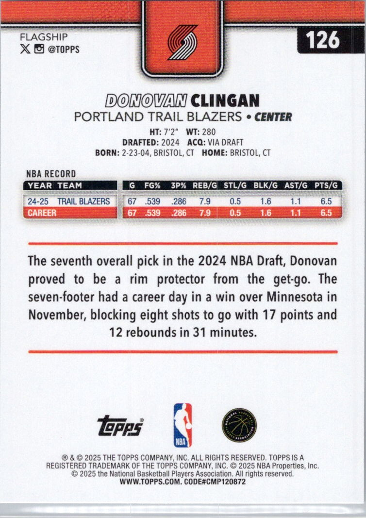 2025-26 Topps #126 Donovan Clingan Portland Trail Blazers