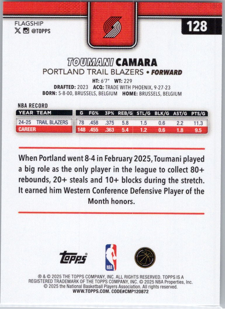2025-26 Topps #128 Toumani Camara Portland Trail Blazers