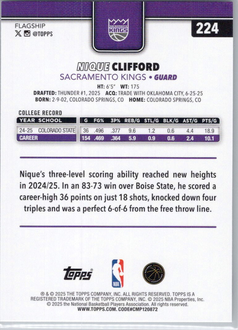 2025-26 Topps #224 Nique Clifford Sacramento Kings