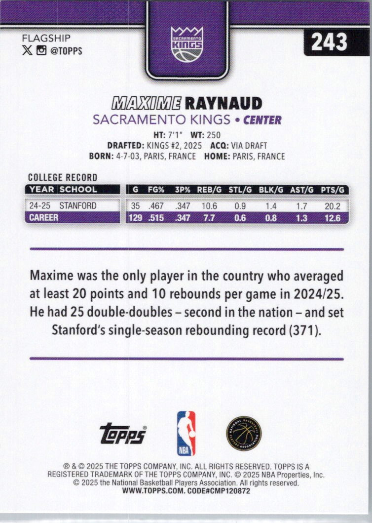 2025-26 Topps #243 Maxime Raynaud Sacramento Kings