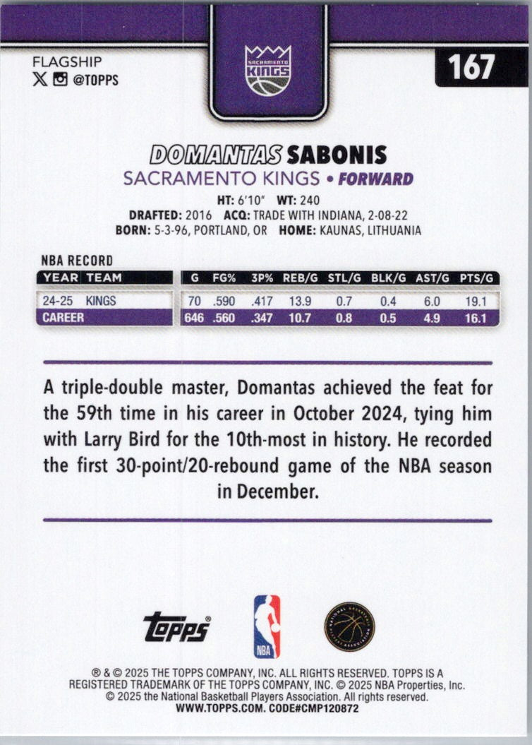 2025-26 Topps #167 Domantas Sabonis Sacramento Kings