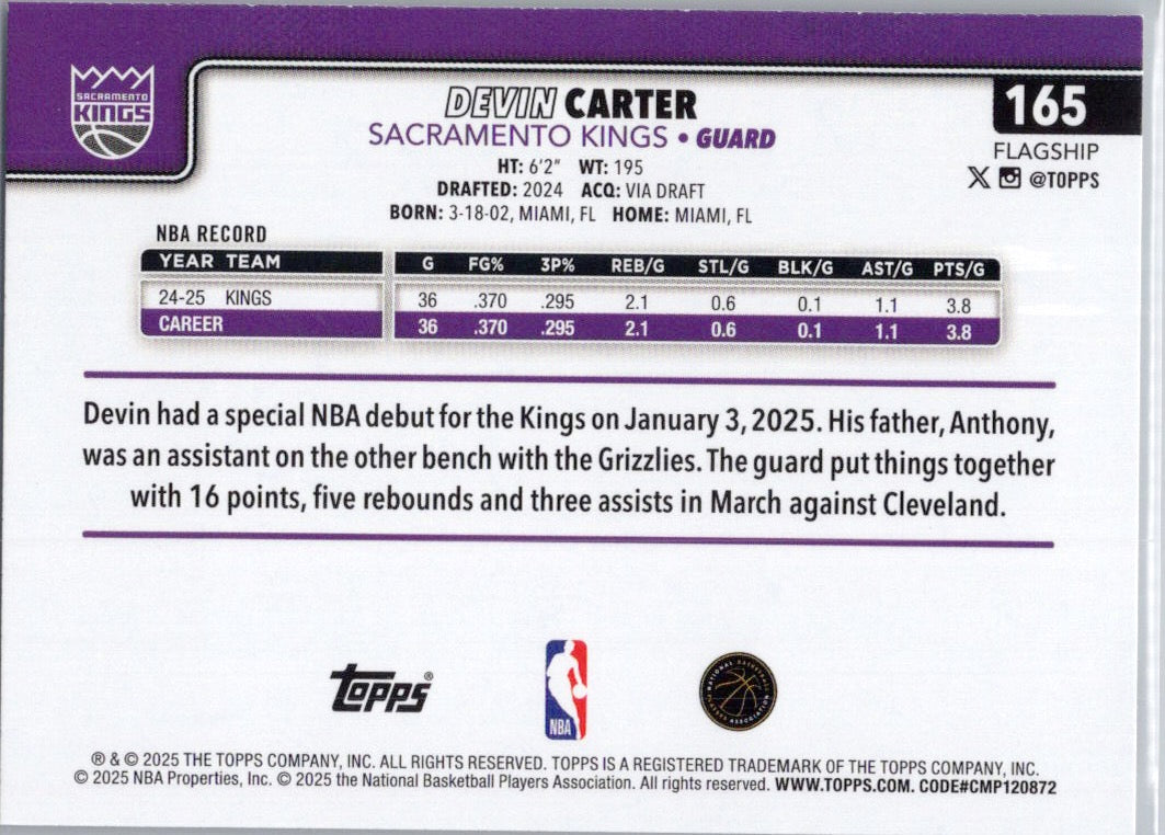 2025-26 Topps #165 Devin Carter Sacramento Kings