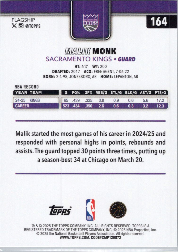 2025-26 Topps #164 Malik Monk Sacramento Kings