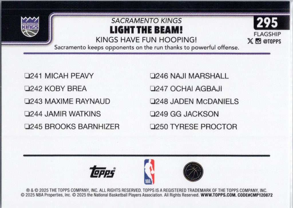 2025-26 Topps #295 Light The Beam!: Kings Have Fun Hooping! Sacramento Kings