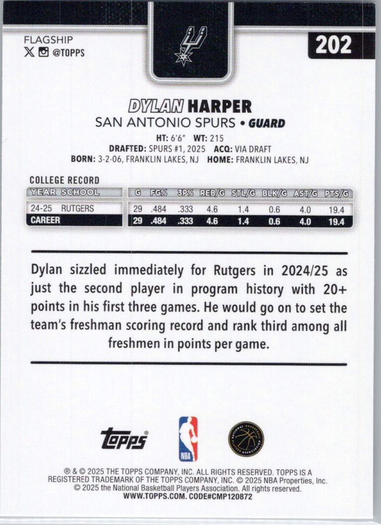 2025-26 Topps #202 Dylan Harper San Antonio Spurs